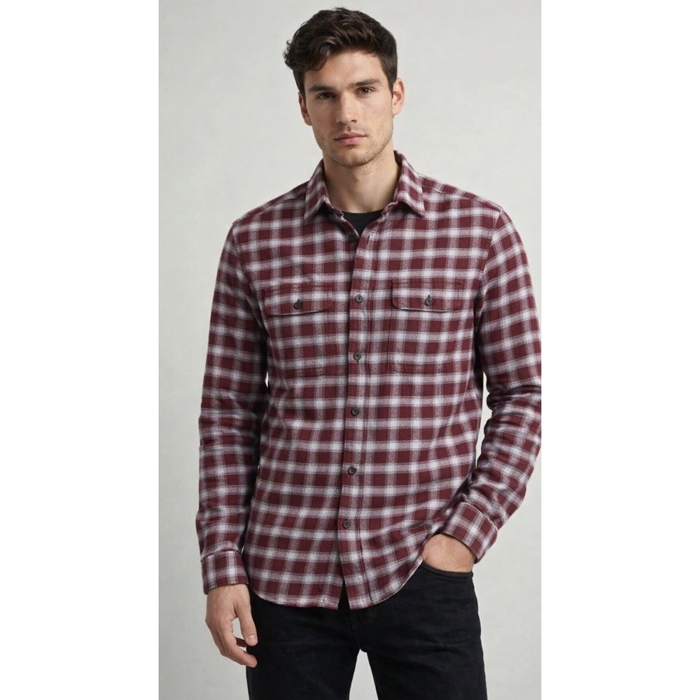 Theory Irving Button Up Shirt Plaid Flannel‎ Medium Plaid Woven Maroon Huckberry